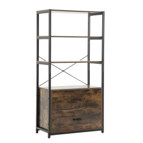 Industrial Bookcase with File Cabinet Drawers, 62.7 in Tall Bookshelf 4 Tier, Freestanding Storage Home Office Cabinet Organizer, Rustic Home Decor, V