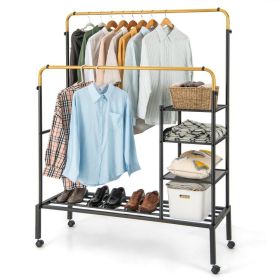 Rolling Double Rods Garment Rack with Height Adjustable Hanging Bars