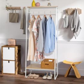 Clothes Rack with Wood Shelf, Freestanding Clothing Rack, Garment Rack, Standing Metal Sturdy Clothing Rack, White