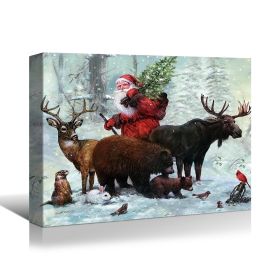 Framed Canvas Wall Art Decor Painting For Christmas, Santa Claus with cute Animals Christmas Painting For Christmas Gift, Decoration For Christmas