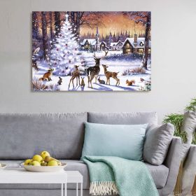 Framed Canvas Wall Art Decor Painting For Christmas, Cute Animals with Christmas Tree Painting For Christmas Gift, Decoration For Christmas Eve Office