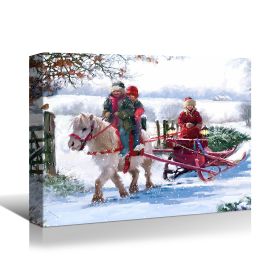 Framed Canvas Wall Art Decor Painting For Christmas, White Horse with Sledge Christmas Painting For Christmas Gift, Decoration For the Offiice too