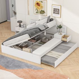 Full Size Wood Storage Hydraulic Platform Bed with Twin Size Trundle, Side Table and Lounge, White