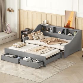 Twin to King Size Daybed Frame with Storage Bookcases and Two Drawers,Charging Design,Gray