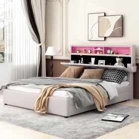 Queen Size Upholstered Platform Bed with Storage Headboard, LED, USB Charging and 2 Drawers, Beige