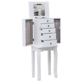 Standing Jewelry Armoire with Mirror, 5 Drawers & 8 Necklace Hooks, Jewelry Cabinet Chest with Top Storage Organizer , 2 Side Swing Doors(White)