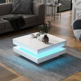 ON-TREND High Gloss Minimalist Design with LED Lights, 2-Tier Square Coffee Table, Center Table for Living Room, 31.5''x31.5''x14.2'', White