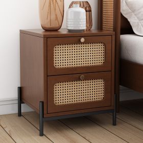 Modern Cannage Rattan Wood Closet 2-Drawer Side Table End Table Nightstand for Bedroom, Living Room, Entryway, Hallway, Walnut